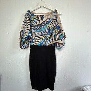 Bebe Womens Black/Multi Pencil Dress Size XXS Party Cocktail Mini Cold Shoulder